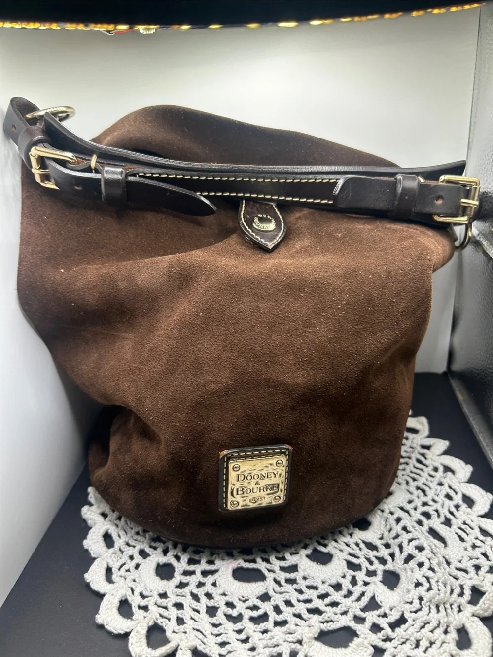 Dooney & Bourke Dark Brown Suede Shoulder Bag with Leather Trim
